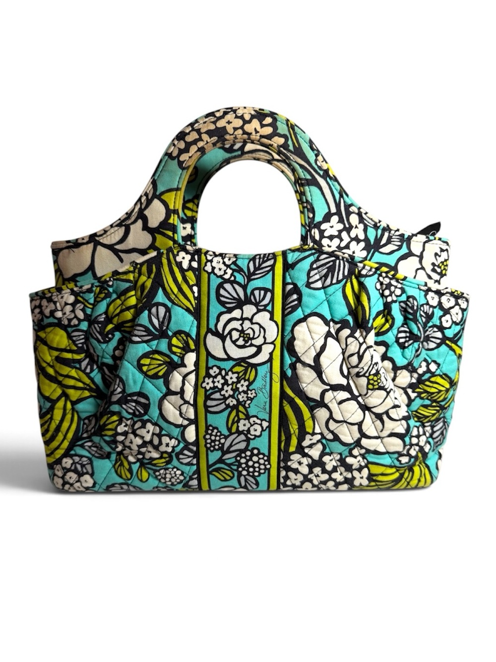 Vera Bradley Teal Blue Floral Quilted Rounded Handle Tote with Pockets
